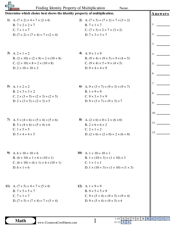 3.oa.5 Worksheets - Identity Property - Multiple Choice worksheet